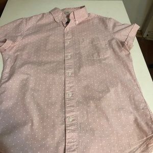 J Crew pink with white polka dots short sleeve shirt.